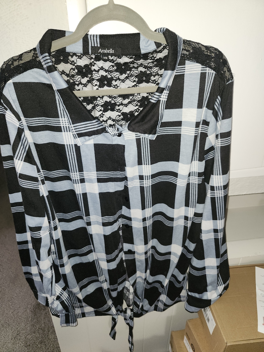 Rani Arabella Black and Light Blue Plaid Lace-Back Button-Front Shirt